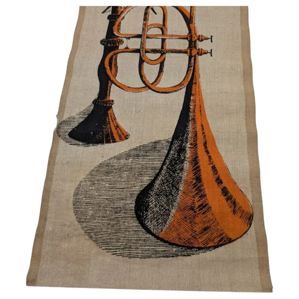 Mid Century Modern Silkscreen Scroll Tapestry Instrument On Linen MCM Horn *READ